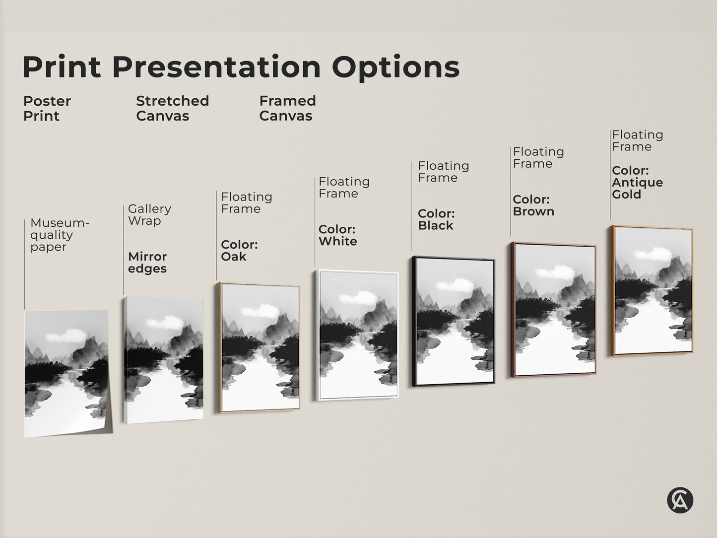 Explore print presentation options for black white ink wash art. Choose from poster prints stretched canvas and framed canvas. Each mountain river landscape canvas offers minimalist nature wall decor. Select the perfect Japanese Sumi-e style artwork to enhance your space with monochrome elegance.