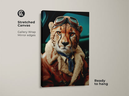 Stretched canvas displaying surreal animal artwork. Cheetah with aviator glasses and leather jacket. This unique wildlife art is ready to hang and perfect for eclectic home decor or an adventurous gift.