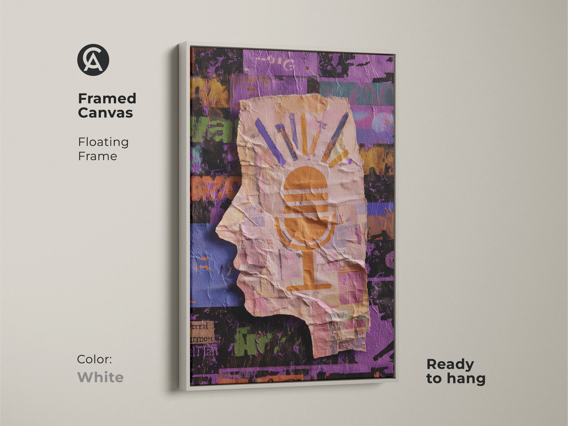 Framed canvas featuring an abstract collage wall art. White floating frame offers a clean modern aesthetic. Ready to hang. The head silhouette with a microphone motif is perfect for eclectic studio decor. A vibrant piece with orange yellow and purple colors.