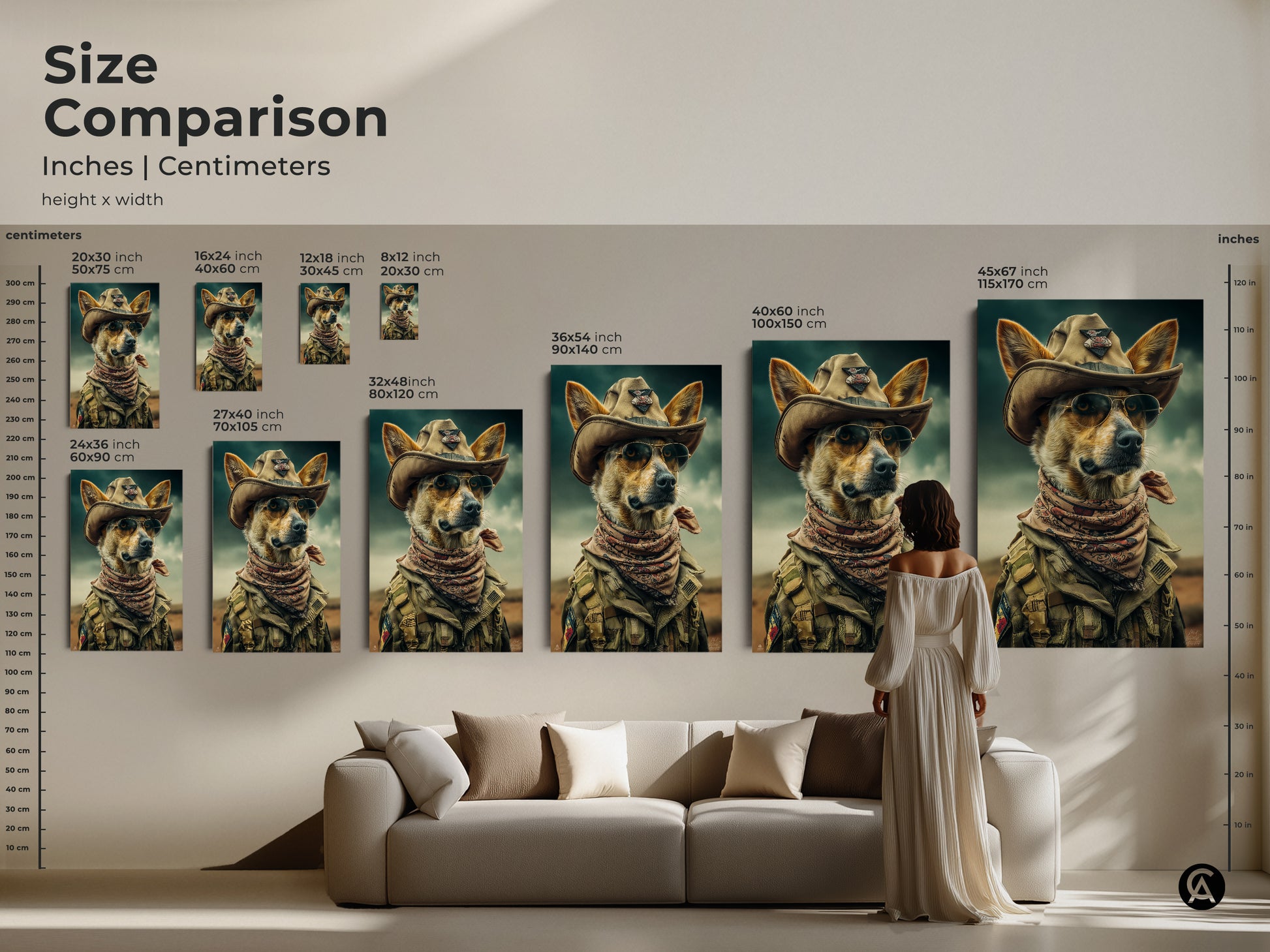 See the size comparison of this cowboy dog artwork. Ranging from small to large sizes the art will fit any room. The canvas or poster features a dog in a cowboy hat and sunglasses. Elevate your decor with this unique pet portrait.