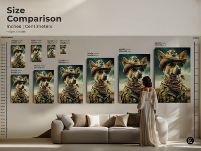 See the size comparison of this cowboy dog artwork. Ranging from small to large sizes the art will fit any room. The canvas or poster features a dog in a cowboy hat and sunglasses. Elevate your decor with this unique pet portrait.