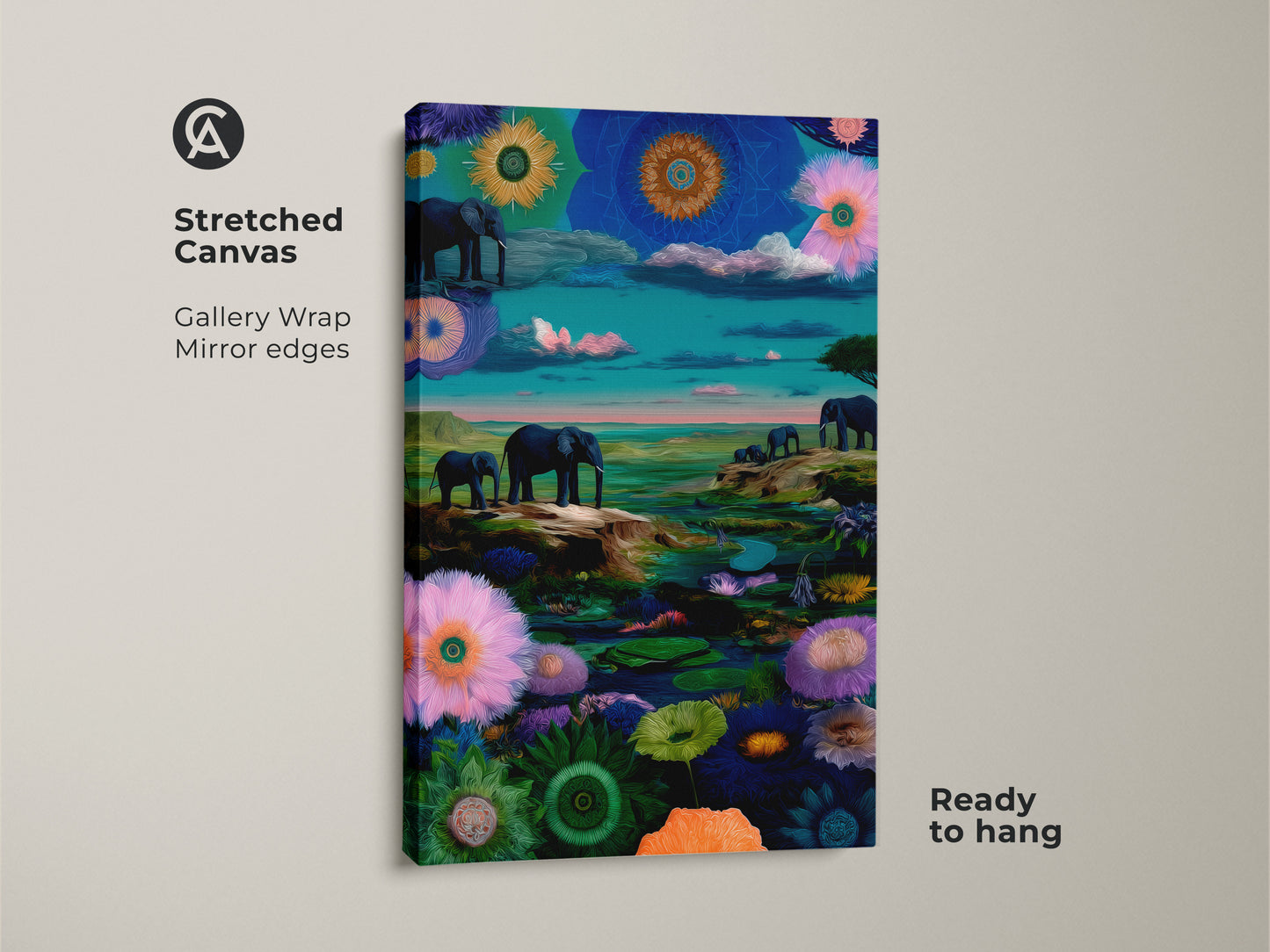 Stretched canvas of surreal elephant artwork. The gallery wrapped canvas has mirror edges. This blue teal canvas showcases an eclectic safari decor. This fantasy animal artwork is ready to hang.