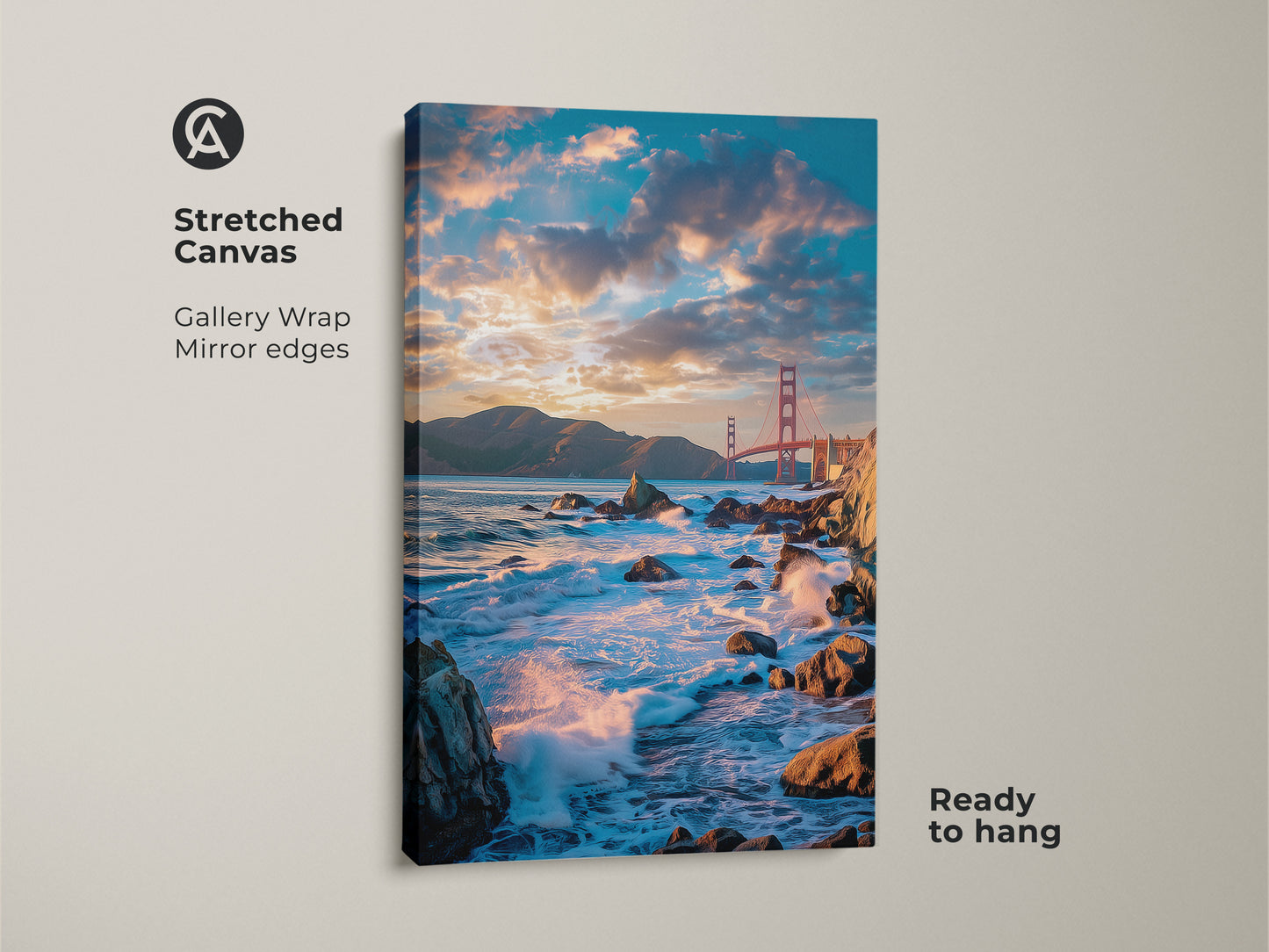Stretched canvas art featuring the Golden Gate Bridge. Gallery wrapped with mirrored edges this coastal landscape offers a ready-to-hang contemporary aesthetic. Perfect as teal and orange ocean waves wall art.