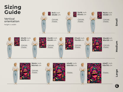 Sizing Guide Vertical Orientation. Find the perfect size for your canvas or poster. See how different sizes look with a person for scale. Available in small medium & large sizes. Choose the ideal fit for your monster artwork.