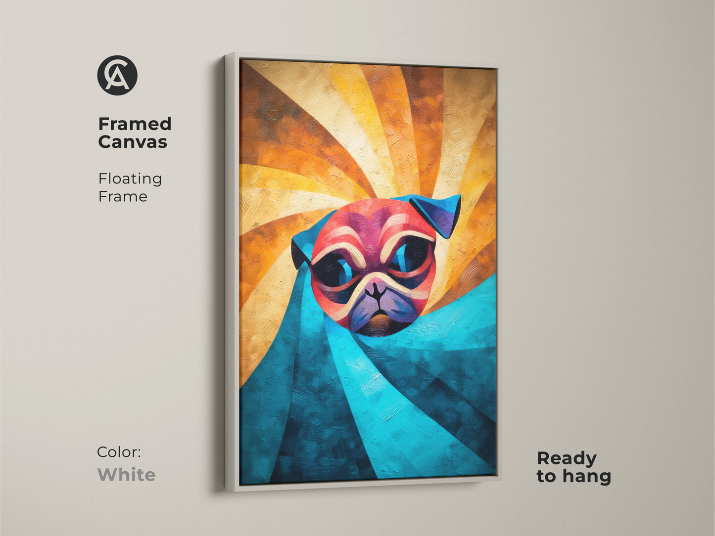 Framed canvas featuring an abstract pug. The floating frame is in white and ready to hang. This geometric pug artwork brings a modern touch. The art serves as unique dog wall decor and makes for a thoughtful dog lover gift.