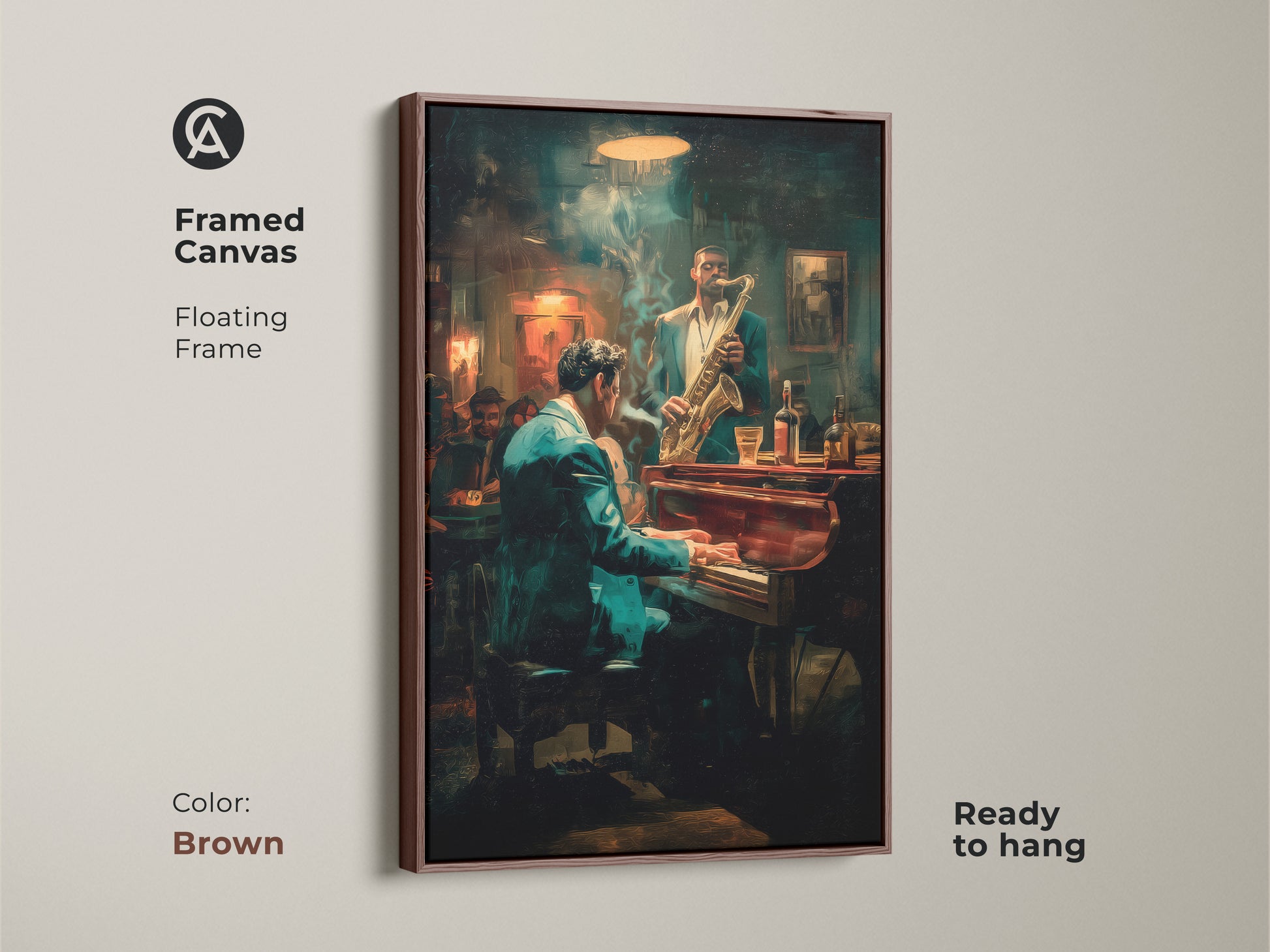 Adorn your walls with this framed canvas art. The brown floating frame highlights a jazz club scene with musicians. Ready to hang this artwork brings warmth & character. A great choice for adding a refined artistic touch to your space.