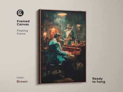 Adorn your walls with this framed canvas art. The brown floating frame highlights a jazz club scene with musicians. Ready to hang this artwork brings warmth & character. A great choice for adding a refined artistic touch to your space.