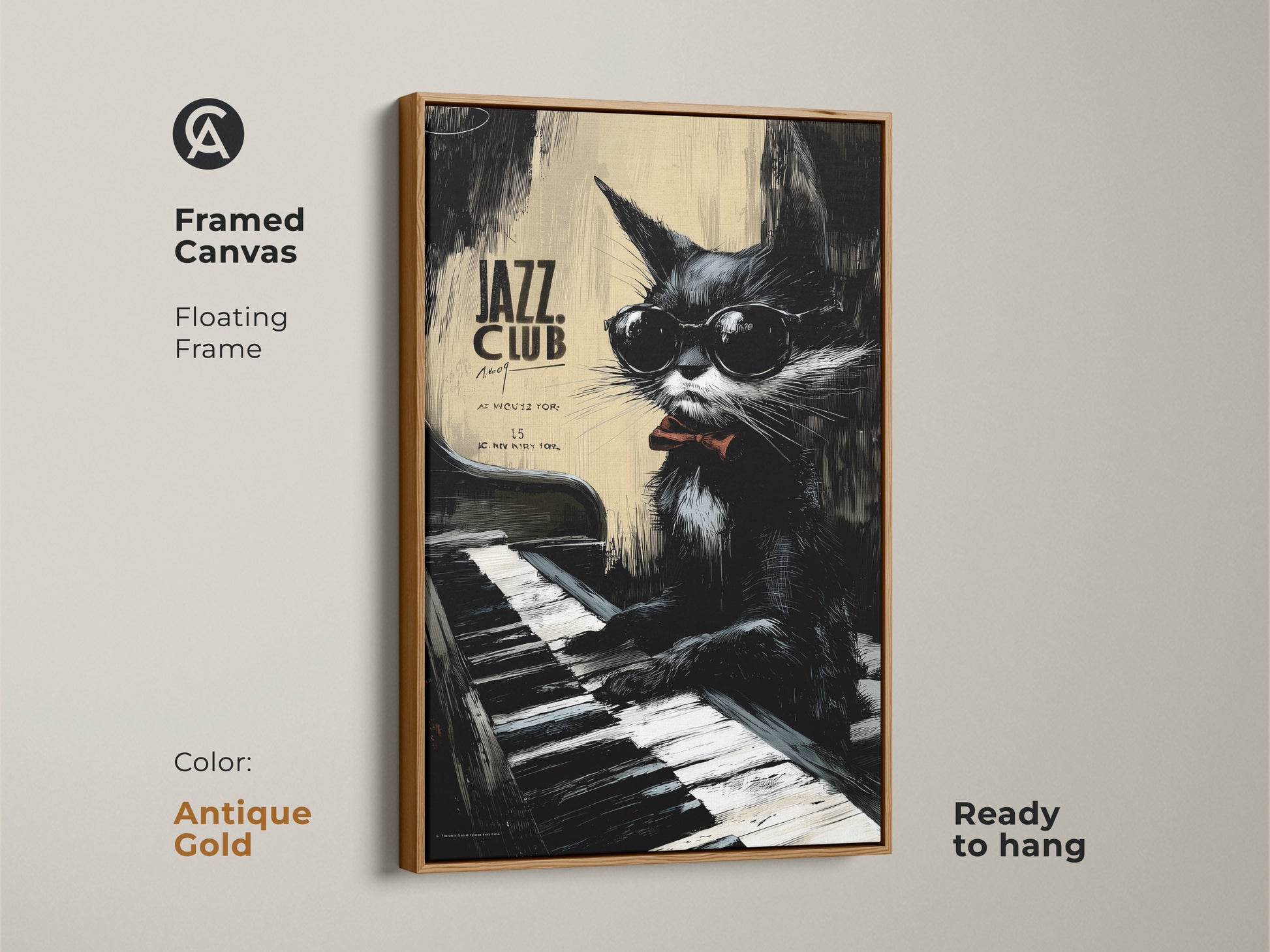 Jazz cat artwork in an antique gold frame. A cool cat with sunglasses plays the piano. This framed canvas is ready to hang. Enjoy this unique art piece in your home or office. It's a great conversation starter.