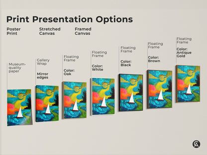 Explore print presentation options for this coastal artwork. Choose from poster prints stretched canvas or framed canvas. Perfect for adding a touch of bohemian charm with this teal yellow green abstract.