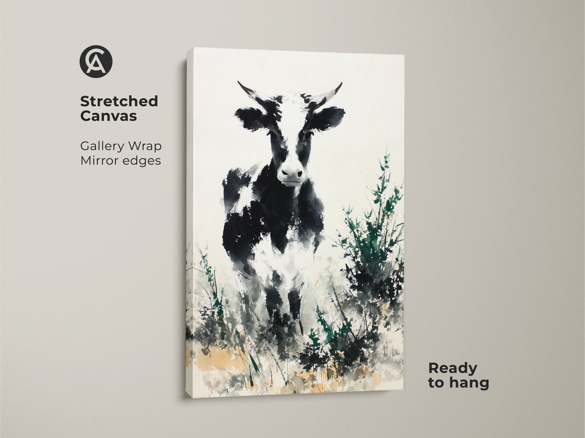 Gallery wrapped stretched canvas featuring a black and white cow. The animal art has mirror edges. This is a contemporary style painting. The artwork is ready to hang. This cow art is perfect for home decor