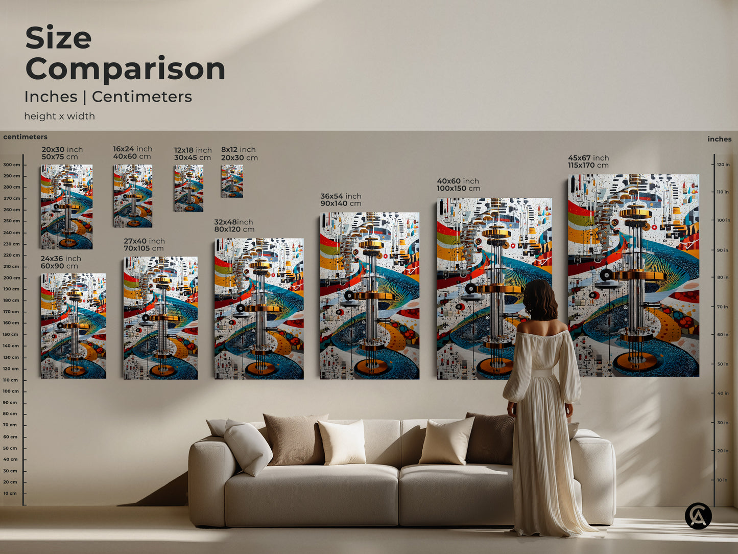 A woman is admiring the size comparison of the Mechanical Abstract canvas. Different sizes available to fit any room. Showcasing the detailed gears and circuits in a variety of dimensions for office decor.