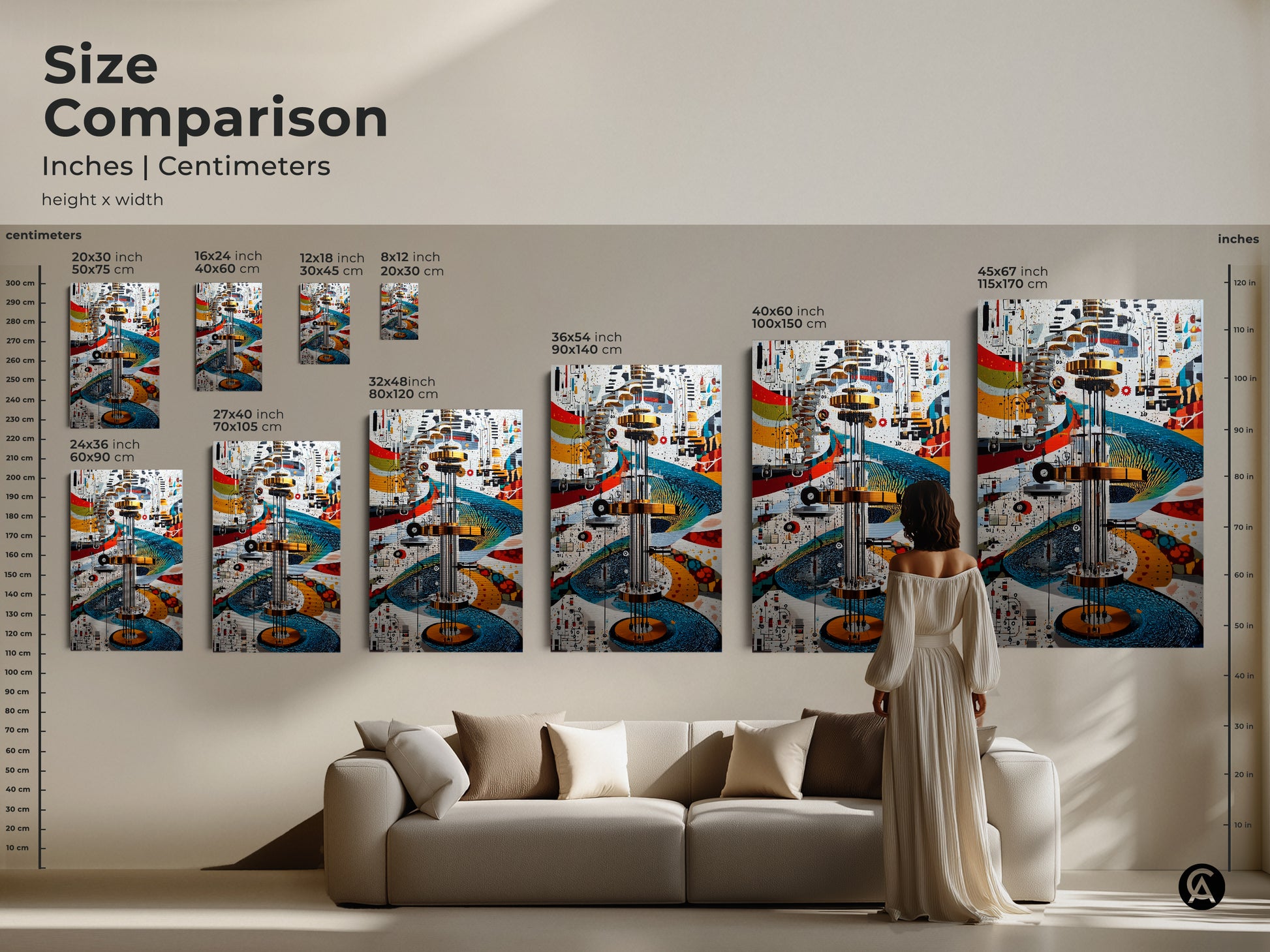 A woman is admiring the size comparison of the Mechanical Abstract canvas. Different sizes available to fit any room. Showcasing the detailed gears and circuits in a variety of dimensions for office decor.