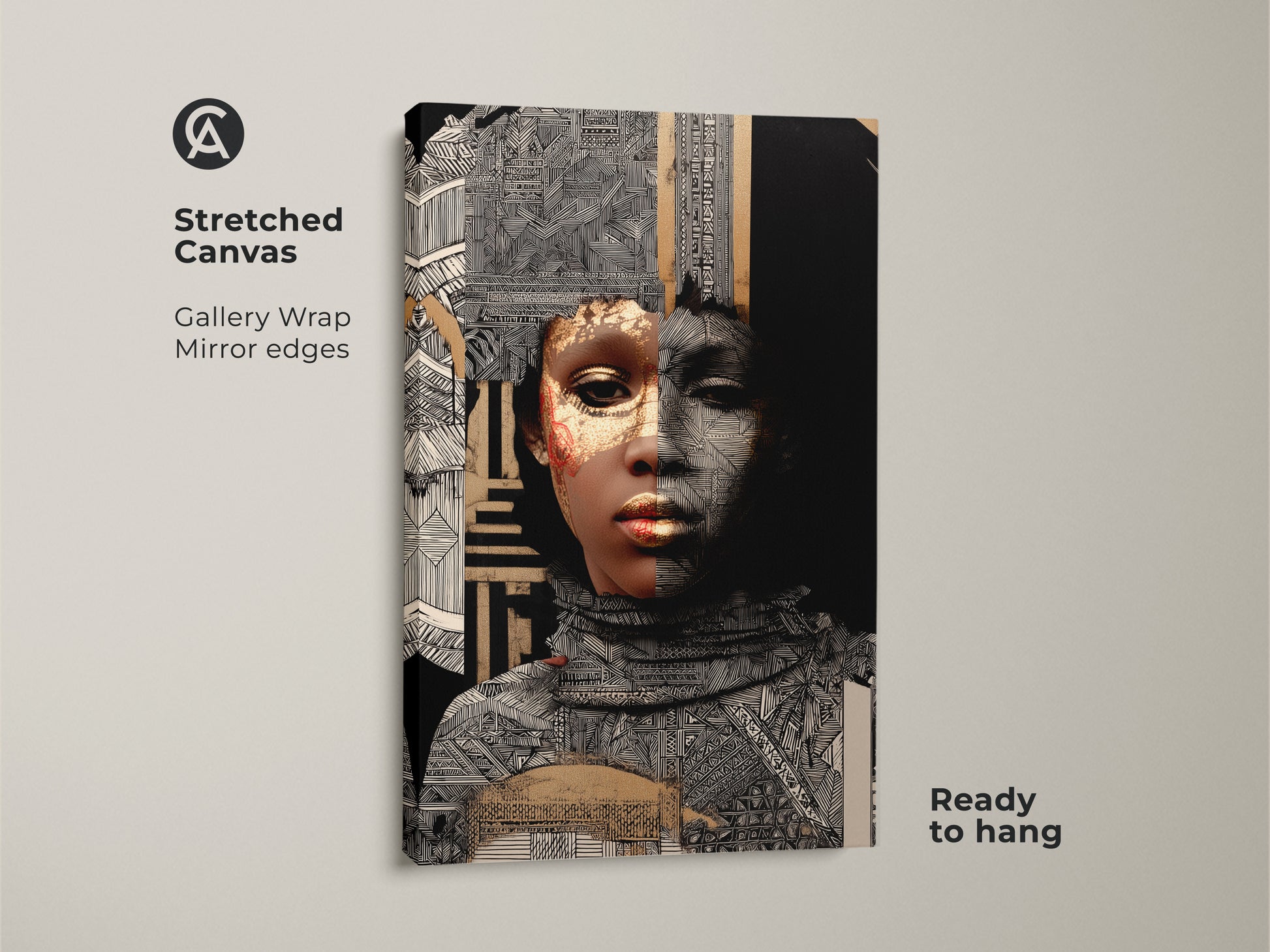 Stretched canvas featuring an African woman portrait with gold geometric patterns. Gallery wrapped with mirror edges this eclectic cultural collage is ready to hang. A sophisticated wall art.