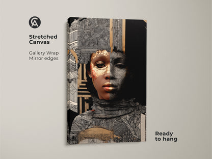 Stretched canvas featuring an African woman portrait with gold geometric patterns. Gallery wrapped with mirror edges this eclectic cultural collage is ready to hang. A sophisticated wall art.