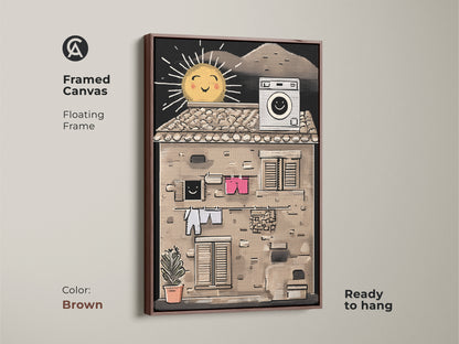 Framed canvas featuring a halftone laundry print. Brown floating frame complements this daily life canvas art. Homeowners will adore this housewarming gift art for its retro kitchen decor style. Ready to hang art.