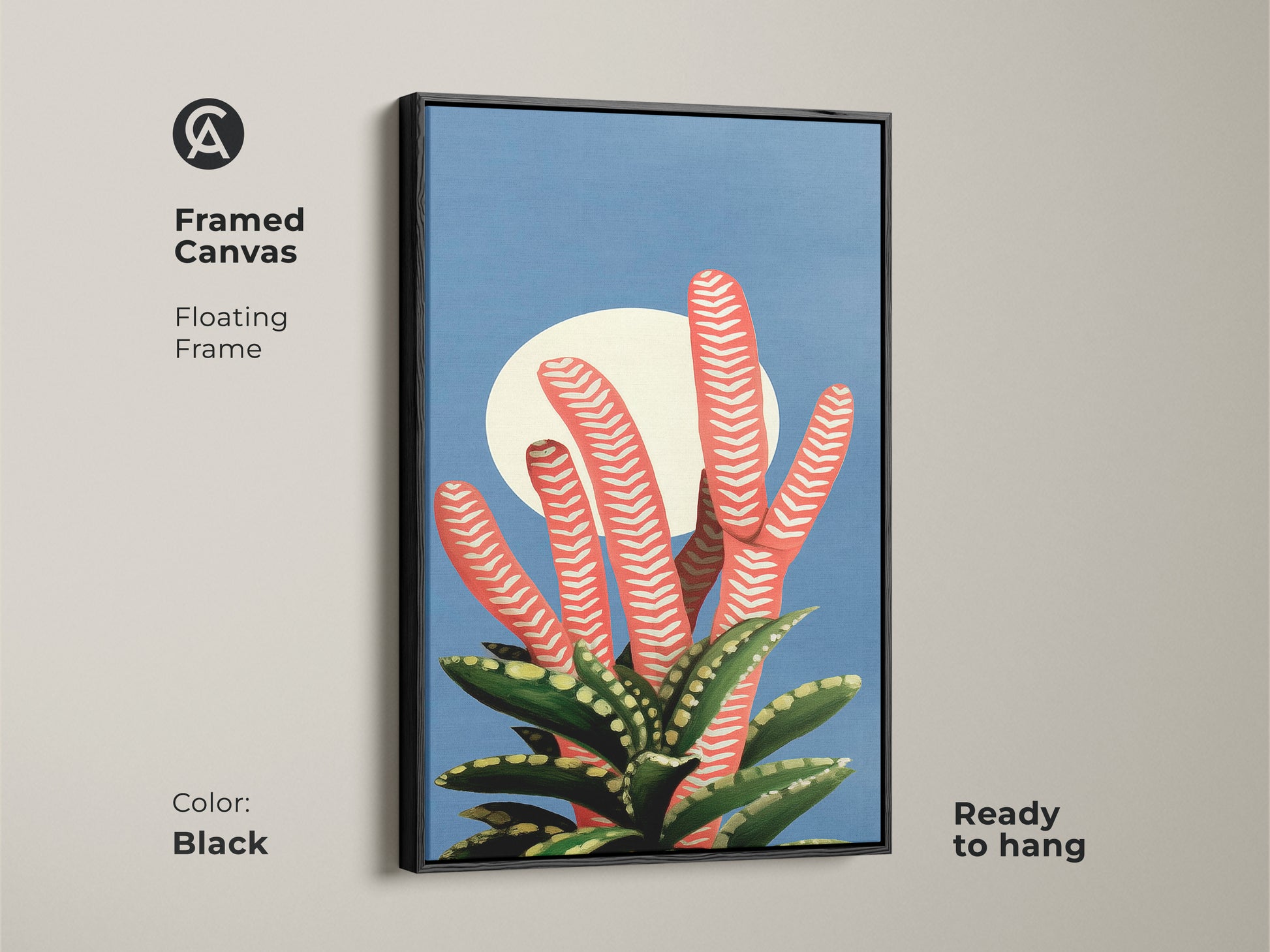 Framed Canvas features an abstract botanical art print. The coral succulent canvas is set in a sleek black floating frame. It will bring a touch of Mid-Century Modern style to your Scandinavian office decor. Ready to hang in your home or office.