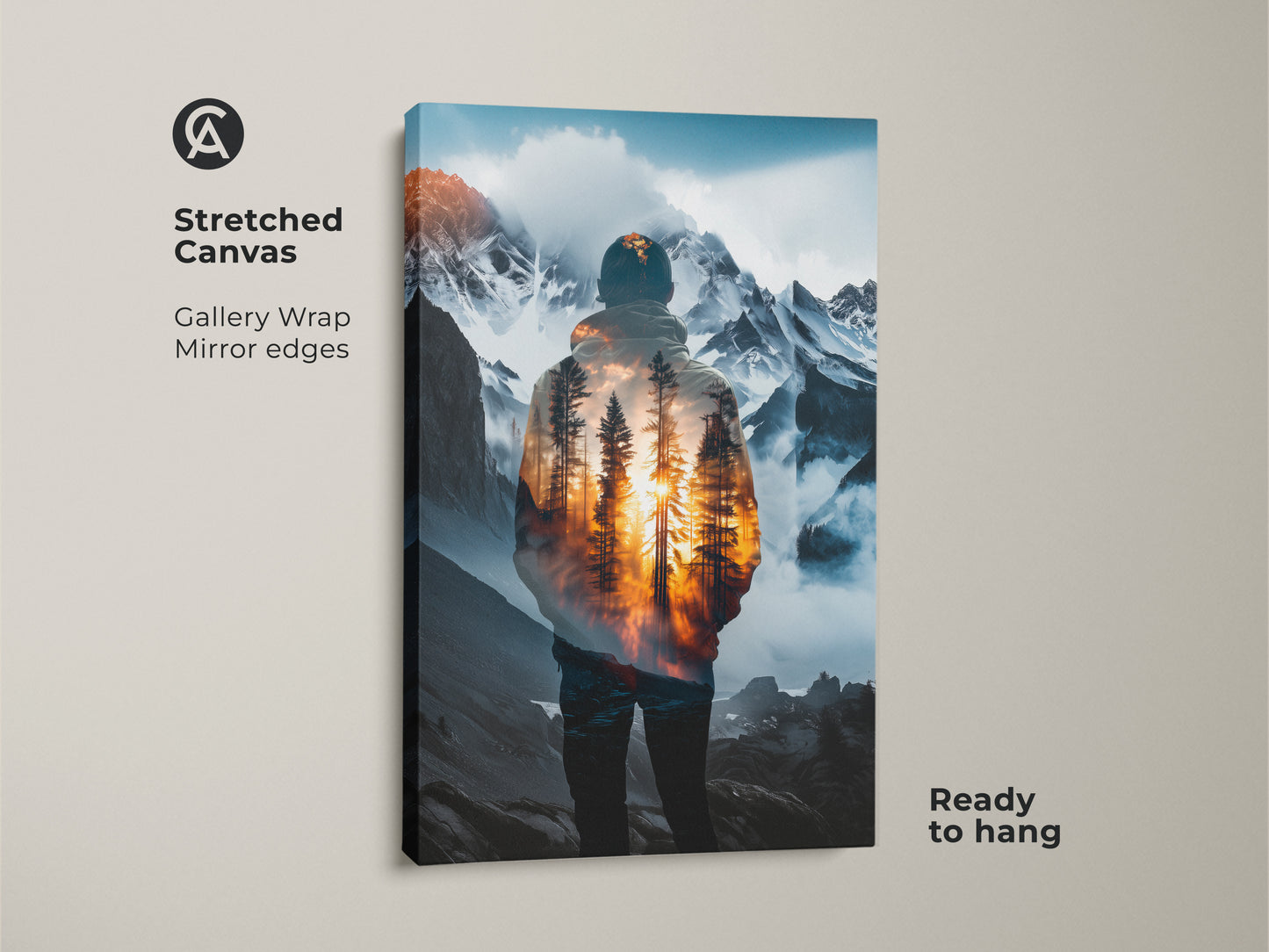 Stretched canvas print with gallery wrapped edges. It shows a double exposure man art piece with a mountain forest background. This surreal landscape wall art brings outdoor adventure decor. It is ready to hang perfect for a nature lover gift.