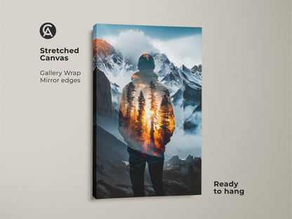 Stretched canvas print with gallery wrapped edges. It shows a double exposure man art piece with a mountain forest background. This surreal landscape wall art brings outdoor adventure decor. It is ready to hang perfect for a nature lover gift.