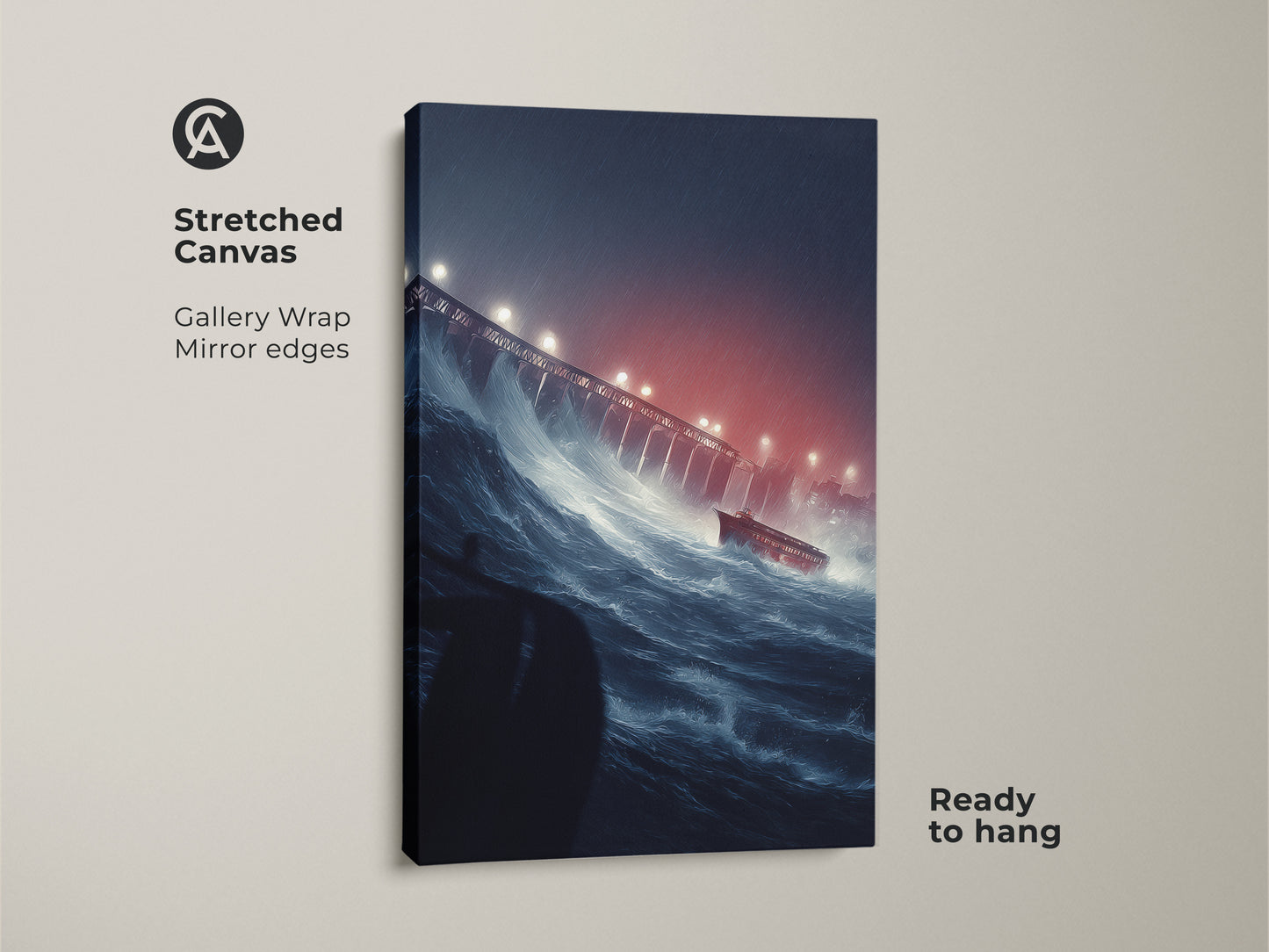 Stretched canvas print of a ship in a storm. This nautical disaster wall art features dark blue ocean waves and a red ship near a bridge. Ready to hang this unique eclectic wall art adds a cinematic touch to your living room or entry hall.