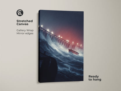 Stretched canvas print of a ship in a storm. This nautical disaster wall art features dark blue ocean waves and a red ship near a bridge. Ready to hang this unique eclectic wall art adds a cinematic touch to your living room or entry hall.