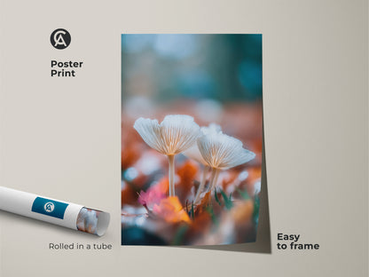 Mushroom poster print rolled in a tube. This wall decor features a nature photograph. The artwork includes white mushrooms and fall leaves. This affordable poster print is easy to frame and display.
