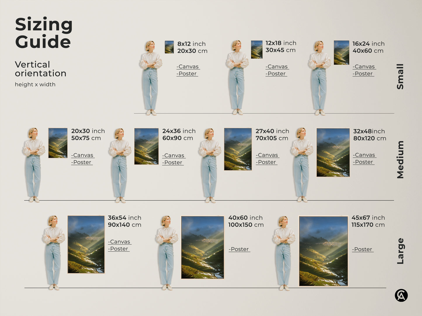 Sizing guide for Terrace Fields canvas and poster art. Vertical orientation options range from small to large. Find the perfect size for modern farmhouse decor. Options include 8x12 inch to 45x67 inch.