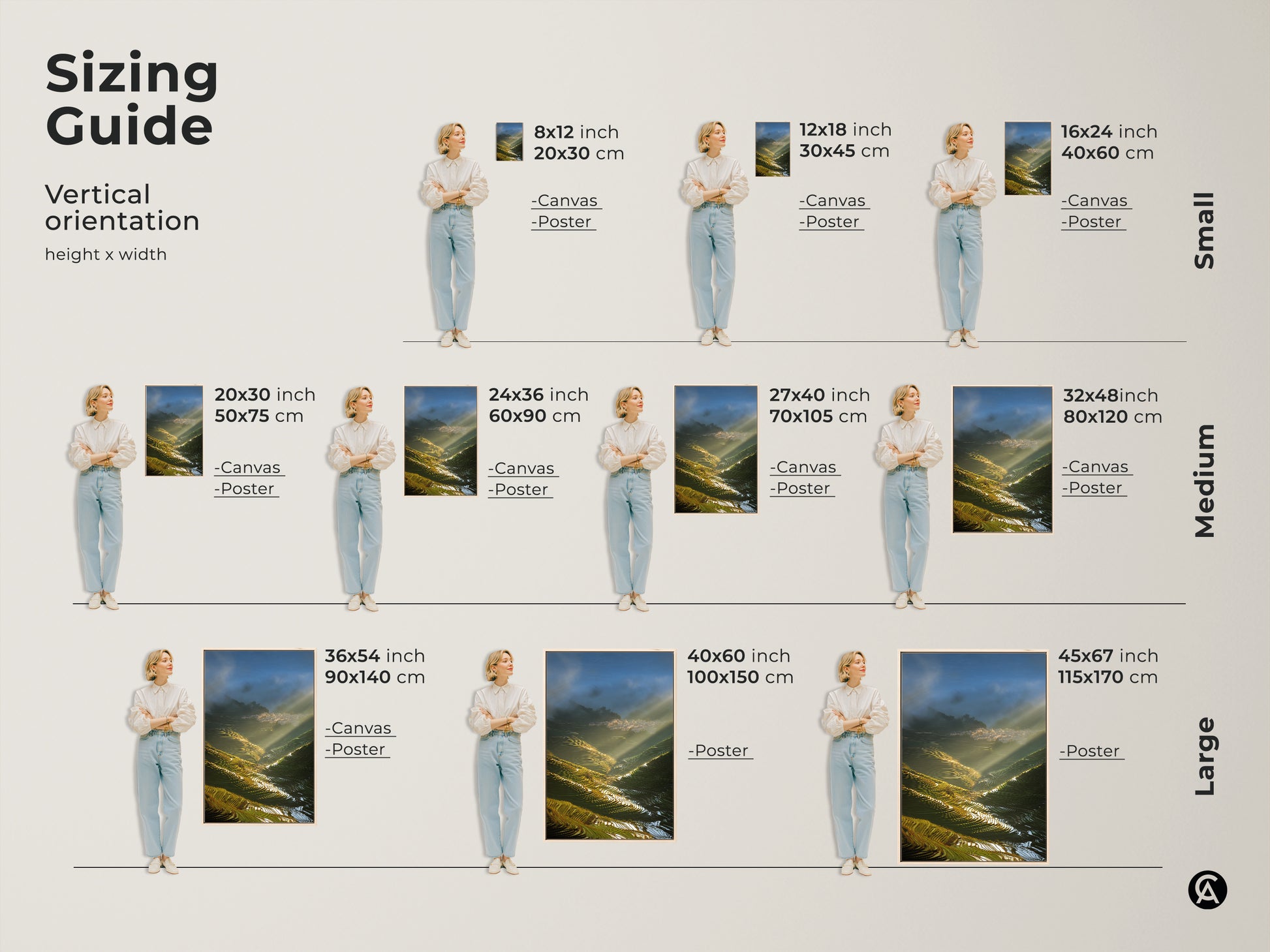 Sizing guide for Terrace Fields canvas and poster art. Vertical orientation options range from small to large. Find the perfect size for modern farmhouse decor. Options include 8x12 inch to 45x67 inch.