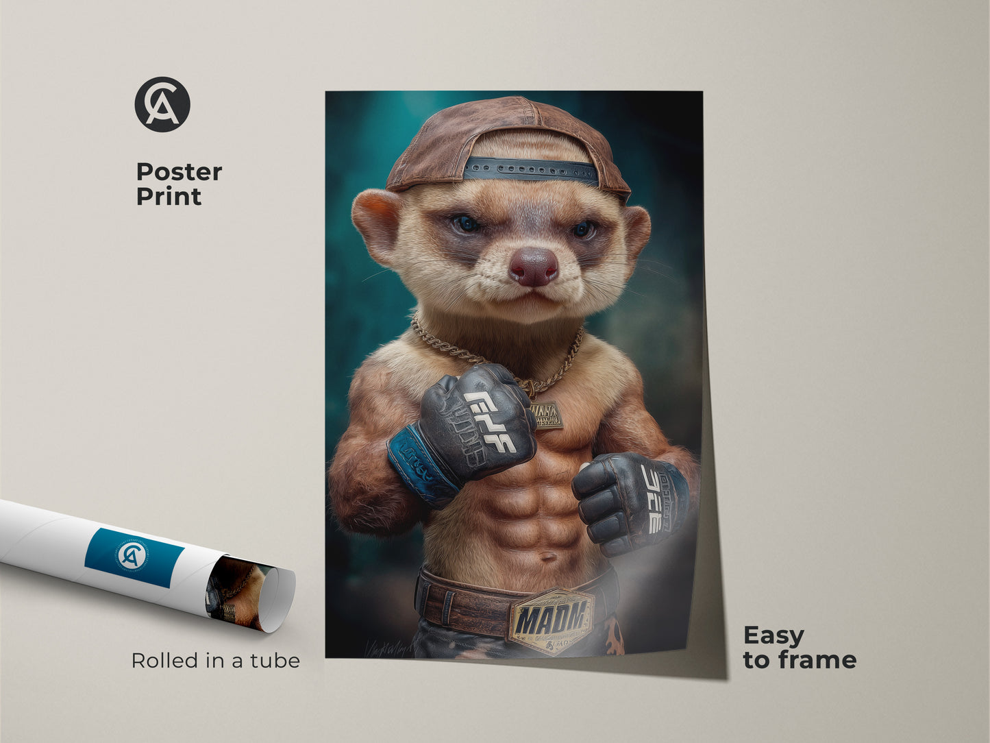 Poster Print of a photorealistic meerkat fighter. The animal boxer wall art is easy to frame. It features an anthropomorphic animal in streetwear style. Gold brown teal art make it perfect for a man cave warrior print. This is a cool animal print