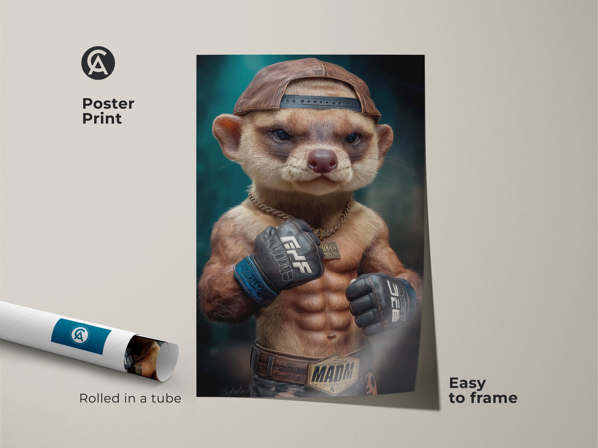 Poster Print of a photorealistic meerkat fighter. The animal boxer wall art is easy to frame. It features an anthropomorphic animal in streetwear style. Gold brown teal art make it perfect for a man cave warrior print. This is a cool animal print