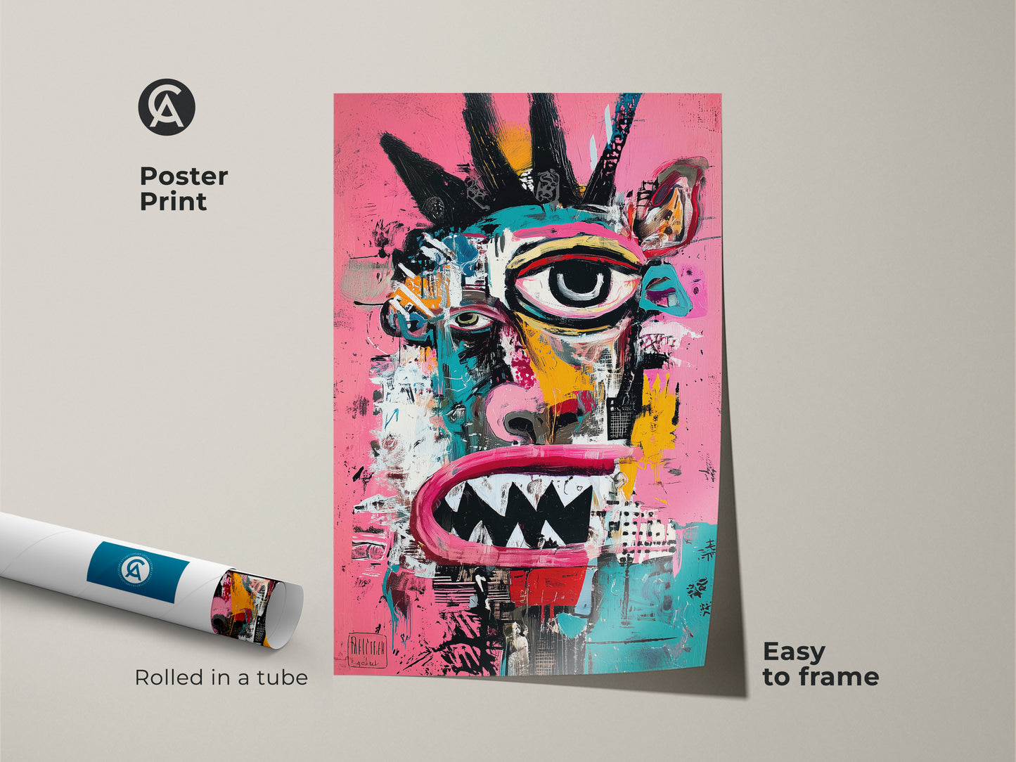 This poster print features a vibrant abstract face. The artwork is rolled in a protective tube. It is easy to frame. The modern art print adds a pop of color. The striking image is perfect for any room. Buy this museum-quality paper print today.