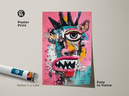 This poster print features a vibrant abstract face. The artwork is rolled in a protective tube. It is easy to frame. The modern art print adds a pop of color. The striking image is perfect for any room. Buy this museum-quality paper print today.
