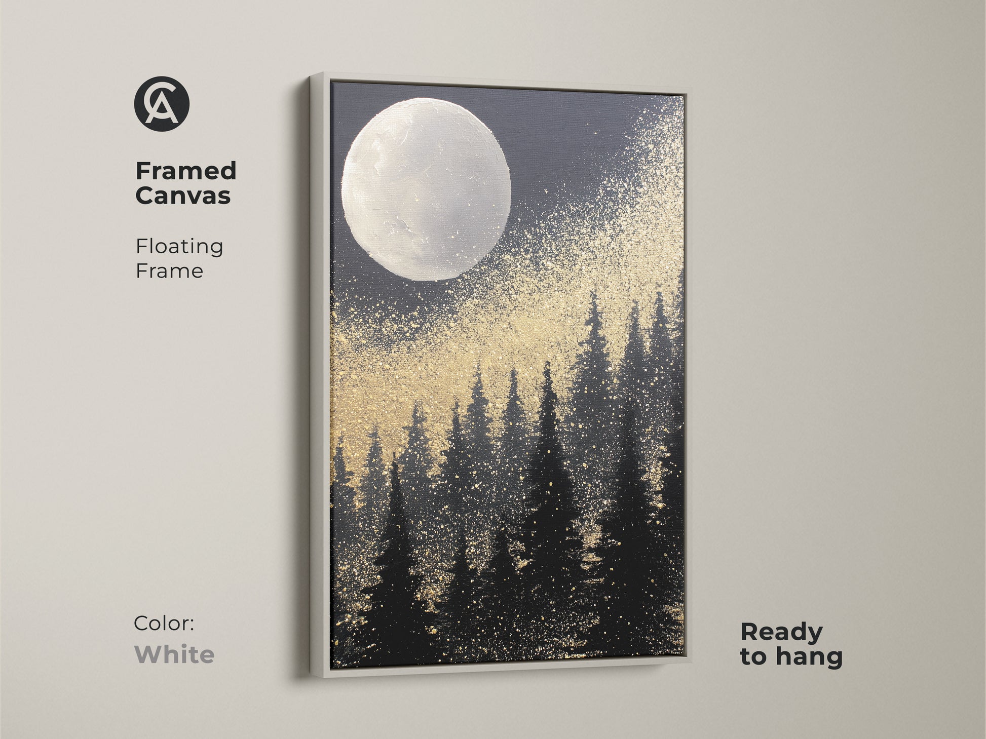 Brighten your space with this framed abstract moon forest canvas. The white frame accentuates the gold splatter night sky art. The black and white celestial landscape offers a modern touch. Ideal eclectic bedroom wall decor. This nature abstract wall art brings tranquility. Ready to hang and complements any interior.