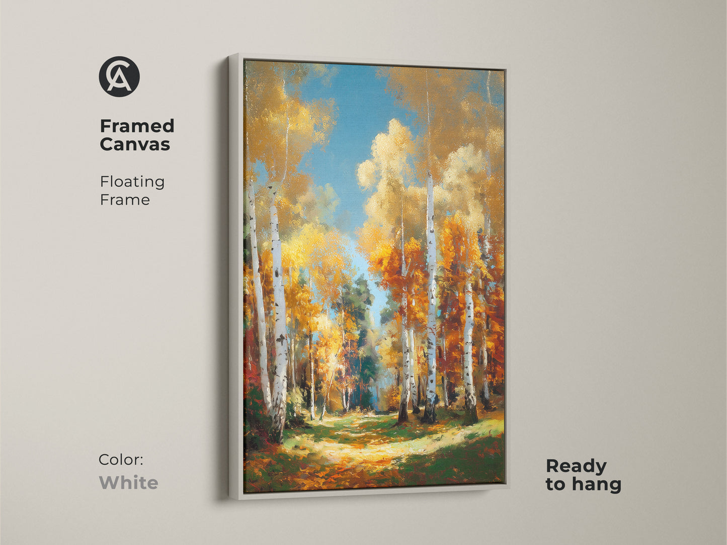 White framed canvas artwork of a birch tree forest in autumn. The floating frame offers a clean look. This wall art is ready to hang. A great addition to any decor or living space