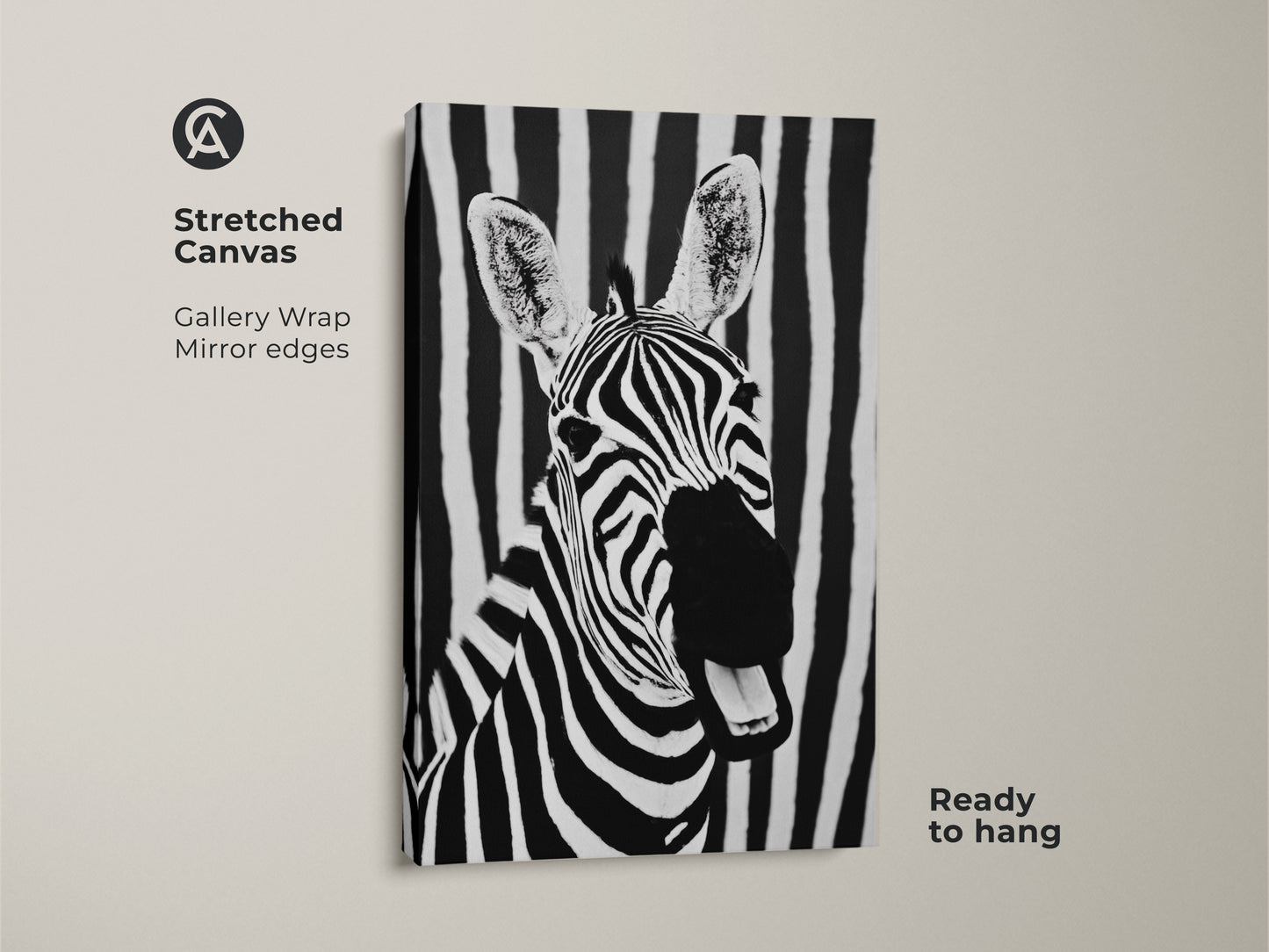 Stretched canvas featuring zebra art. This gallery wrap with mirror edges showcases a black and white zebra against a striped background. Ready to hang this animal print brings modern wildlife art to your walls. It is ideal for minimalist decor.