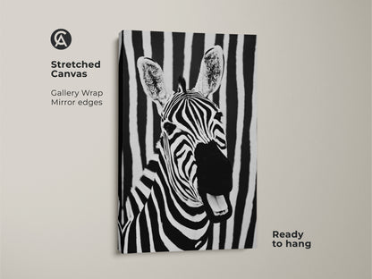 Stretched canvas featuring zebra art. This gallery wrap with mirror edges showcases a black and white zebra against a striped background. Ready to hang this animal print brings modern wildlife art to your walls. It is ideal for minimalist decor.