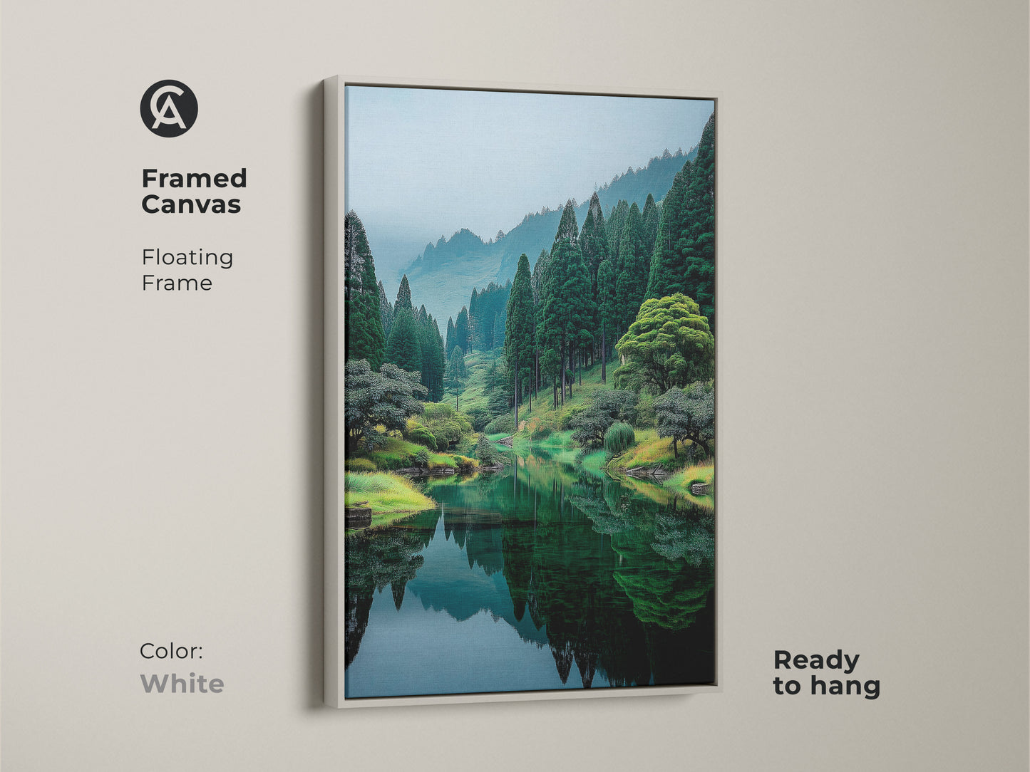 Framed canvas art with a floating frame in white. The artwork features a reflective lake surrounded by green trees. This ready to hang piece adds serenity to any room. Shop today.