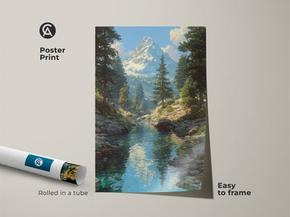 Poster print of a snowy mountain river scene. This easy-to-frame artwork captures a traditional landscape with pine trees. Rolled in a tube for protection. Ideal for nature lovers seeking rustic wall decor. A beautiful blue and green mountain view print.