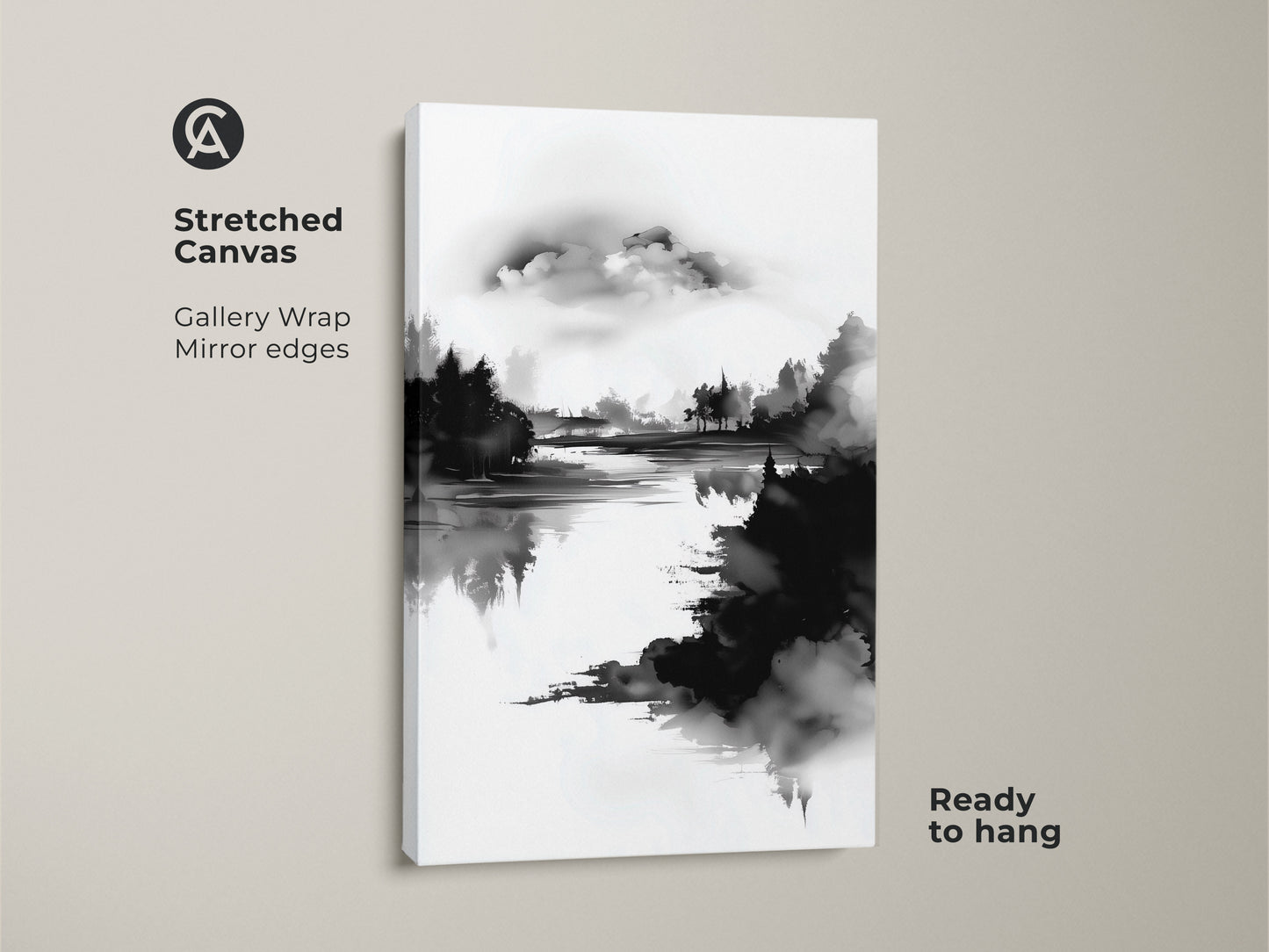 Stretched canvas showcasing minimalist forest lake art. The gallery wrap with mirror edges offers a contemporary feel. The black and white nature print is ready to hang. It's ideal as modern home decor art. This abstract canvas adds calm to any room.