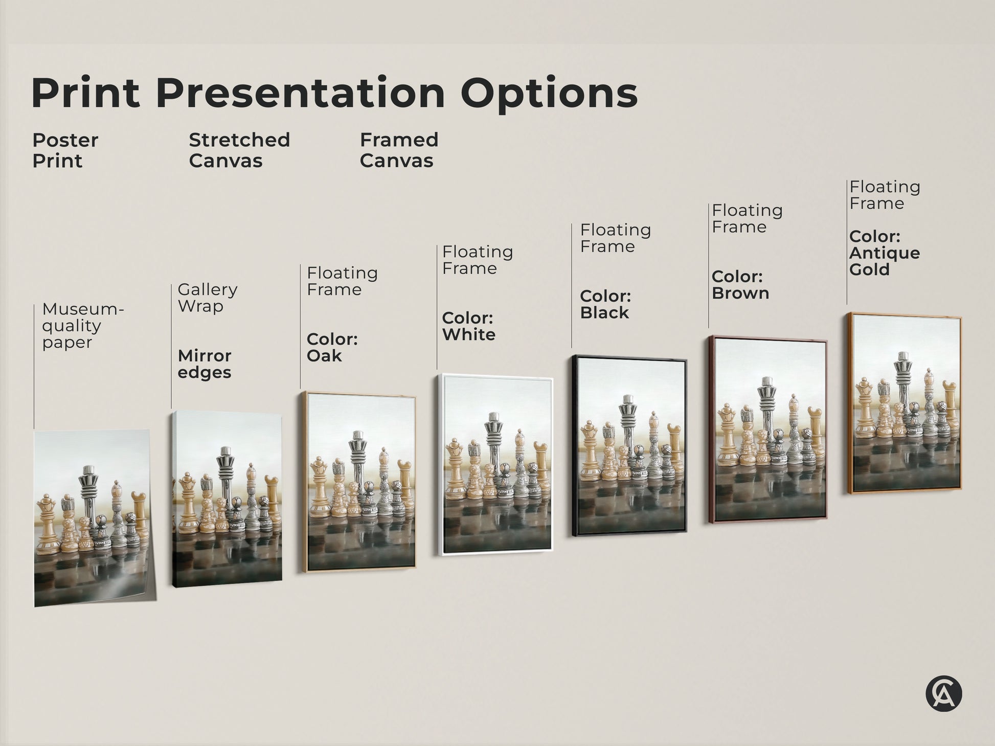Explore print presentation options for modern abstract chess art including poster stretched and framed canvas choices. Realistic King Queen canvas wall art is available in beige brown gray tones. Ideal for strategy games decor and office artwork adding an intellectual sophisticated touch.