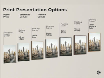 Explore print presentation options for modern abstract chess art including poster stretched and framed canvas choices. Realistic King Queen canvas wall art is available in beige brown gray tones. Ideal for strategy games decor and office artwork adding an intellectual sophisticated touch.