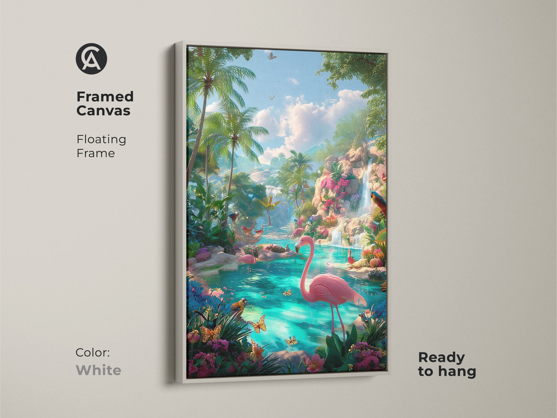 Framed canvas with a white floating frame featuring flamingo artwork. The art shows a pink flamingo in a vibrant tropical setting. This ready-to-hang piece brings a fresh look to your decor