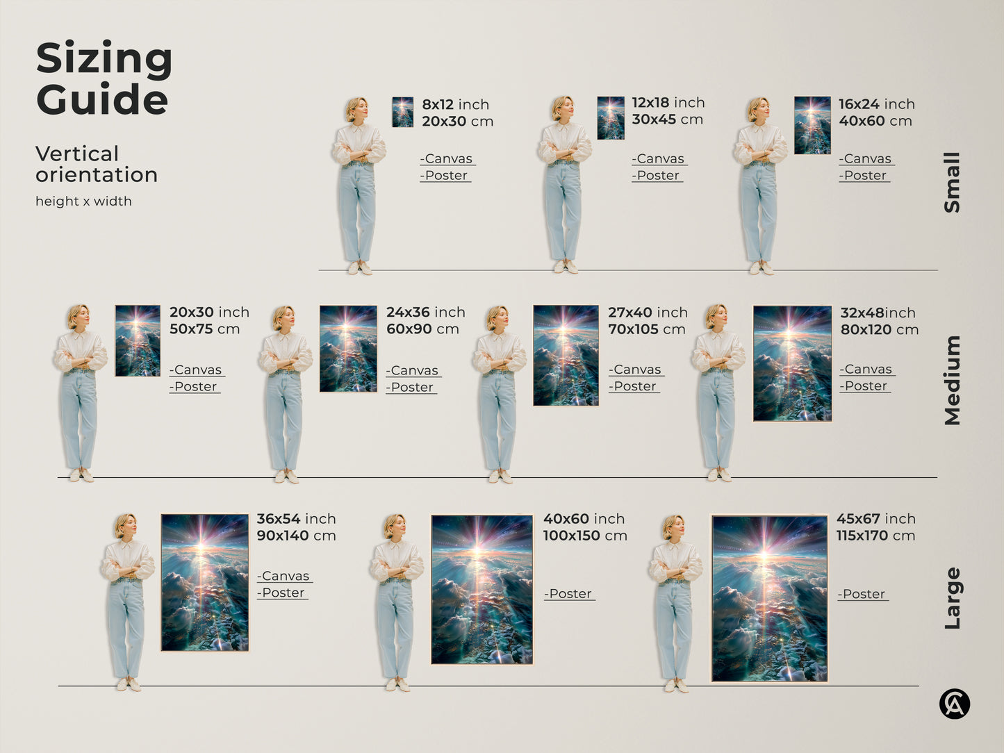 Sizing guide for our vertical cosmic sky artwork. Available in various sizes for canvas and poster prints. Find the perfect fit for your space. Transform your walls with this stunning celestial view art.