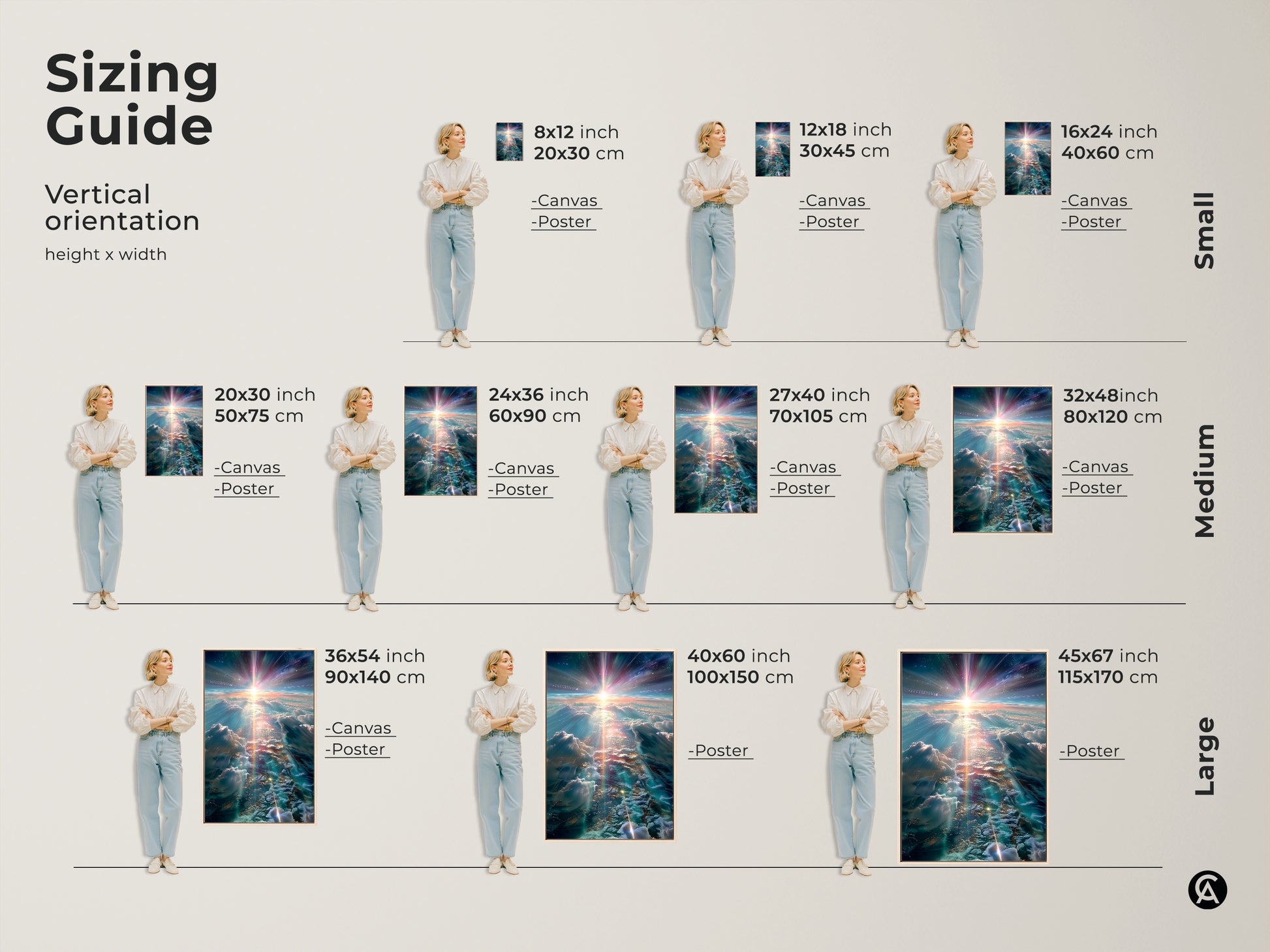 Sizing guide for our vertical cosmic sky artwork. Available in various sizes for canvas and poster prints. Find the perfect fit for your space. Transform your walls with this stunning celestial view art.