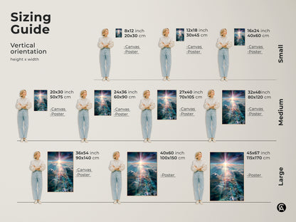 Sizing guide for our vertical cosmic sky artwork. Available in various sizes for canvas and poster prints. Find the perfect fit for your space. Transform your walls with this stunning celestial view art.