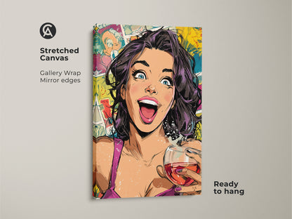 Stretched canvas print showing a woman with a wine glass in a comic book style. This vibrant pop art is ready to hang. Perfect eclectic bar decor. The artwork features bold lines and a dynamic color palette of yellow pink and teal.