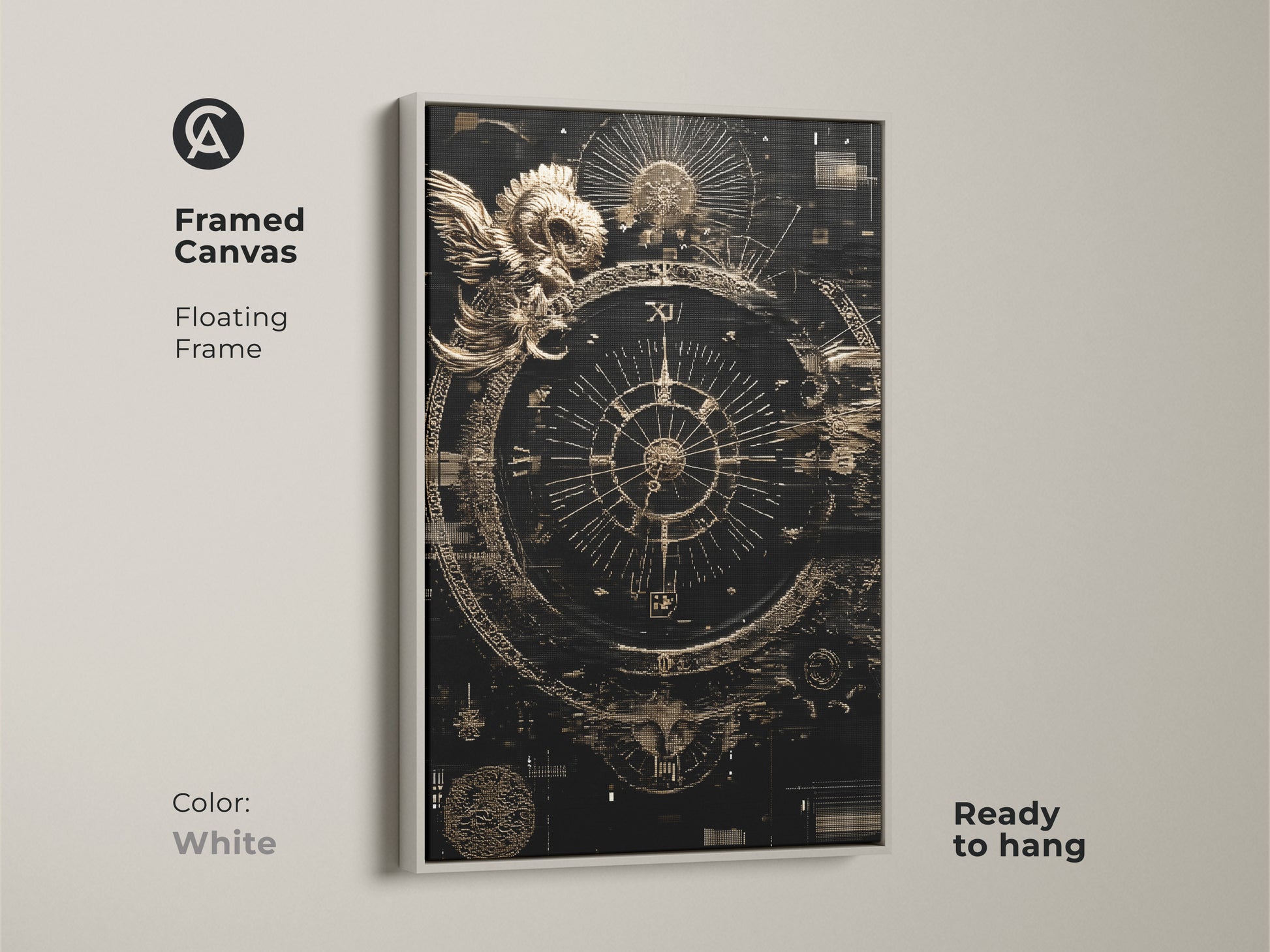 White Framed Canvas featuring Ram Compass Abstract Art. This Esoteric Steampunk Astrology wall decor adds sophistication. Ready to hang this black gold art enlivens any home.