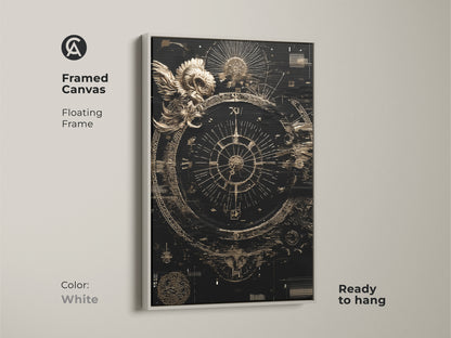 White Framed Canvas featuring Ram Compass Abstract Art. This Esoteric Steampunk Astrology wall decor adds sophistication. Ready to hang this black gold art enlivens any home.
