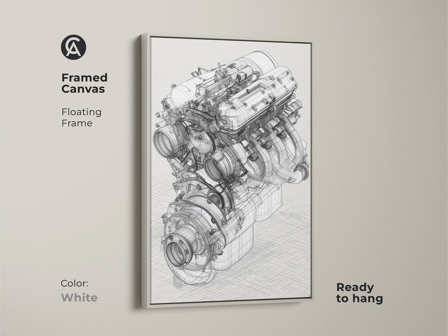 White framed canvas automotive engine blueprint artwork. This technical drawing has a floating frame. It is a great gift idea for a car enthusiast or engineer. This artwork will add an industrial touch to any garage office or living space. This artwork is ready to hang.