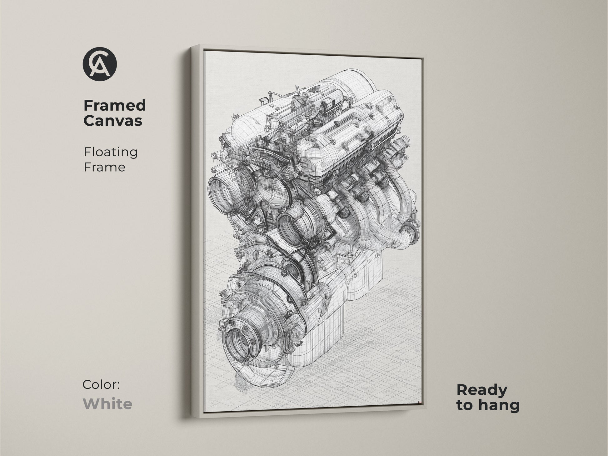 White framed canvas automotive engine blueprint artwork. This technical drawing has a floating frame. It is a great gift idea for a car enthusiast or engineer. This artwork will add an industrial touch to any garage office or living space. This artwork is ready to hang.