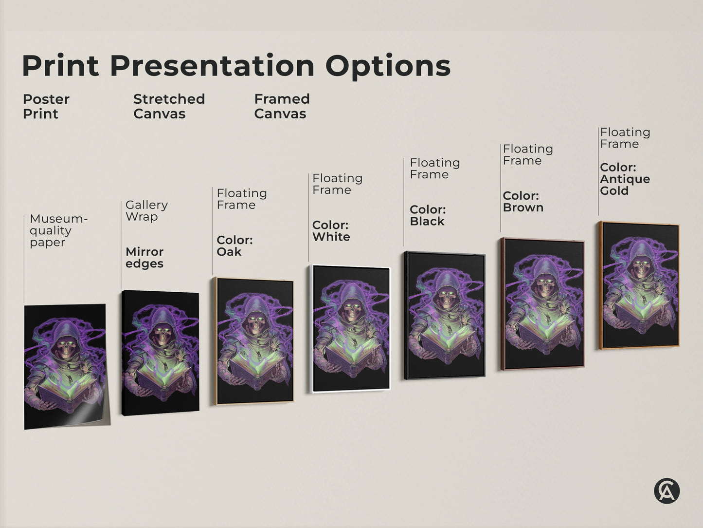 Print presentation options for neon purple Grim Reaper art. Choose from poster prints stretched canvas and framed canvas. Gothic skeleton and spellbook artwork. Select black white oak brown or antique gold frames. Dark fantasy wall art for any space